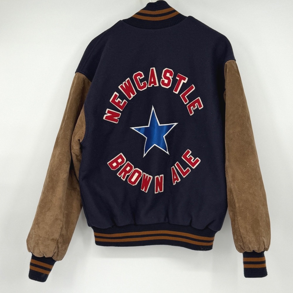 Seasons Newcastle Brown Ale Varsity Jacket Navy Blue Wool Suede Sleeves Large